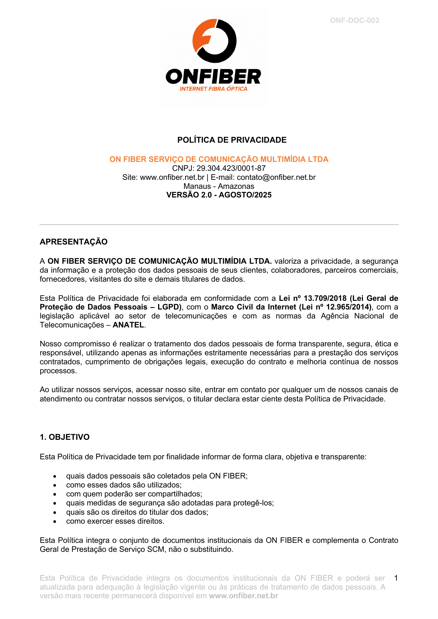 Página 1 do documento Política de Privacidade e Proteção de Dados